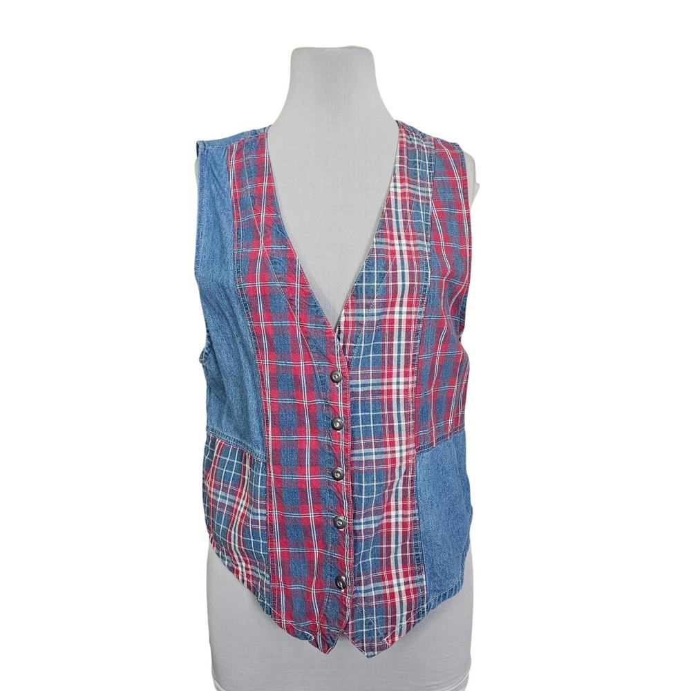 Vintage Stampede Denim Plaid Vest USA 90s Western Patchwork Button L - Picture 2 of 7